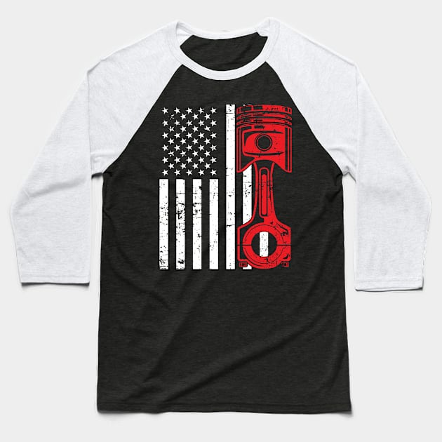 Patriotic American Flag Piston Muscle Car Vintage Distressed Baseball T-Shirt by hobrath